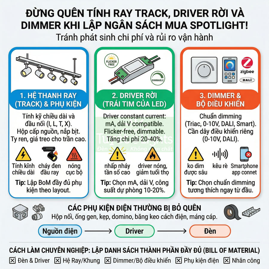 Hướng dẫn chọn hệ thanh ray, driver rời và dimmer điều khiển cho đèn spotlight LED trần nhà