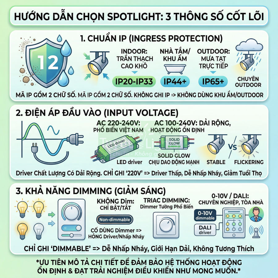 Hướng dẫn chọn đèn spotlight LED với 3 thông số cốt lõi về chuẩn IP, điện áp đầu vào và khả năng dimming