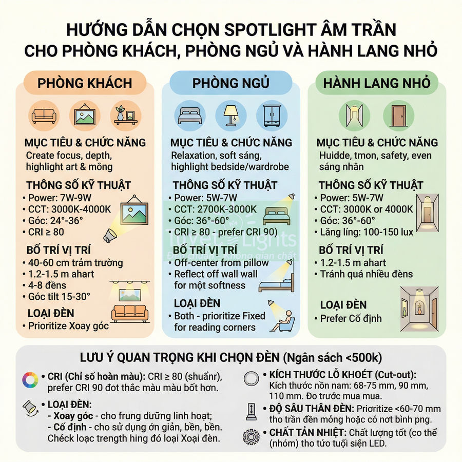 Hướng dẫn chọn đèn spotlight âm trần cho phòng khách, phòng ngủ và hành lang nhỏ