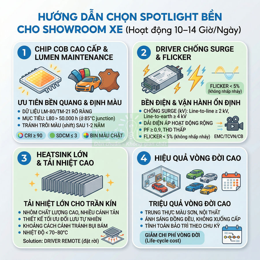 Infographic hướng dẫn chọn đèn spotlight bền cho showroom ô tô với chip COB, driver chống nhấp nháy và tản nhiệt lớn
