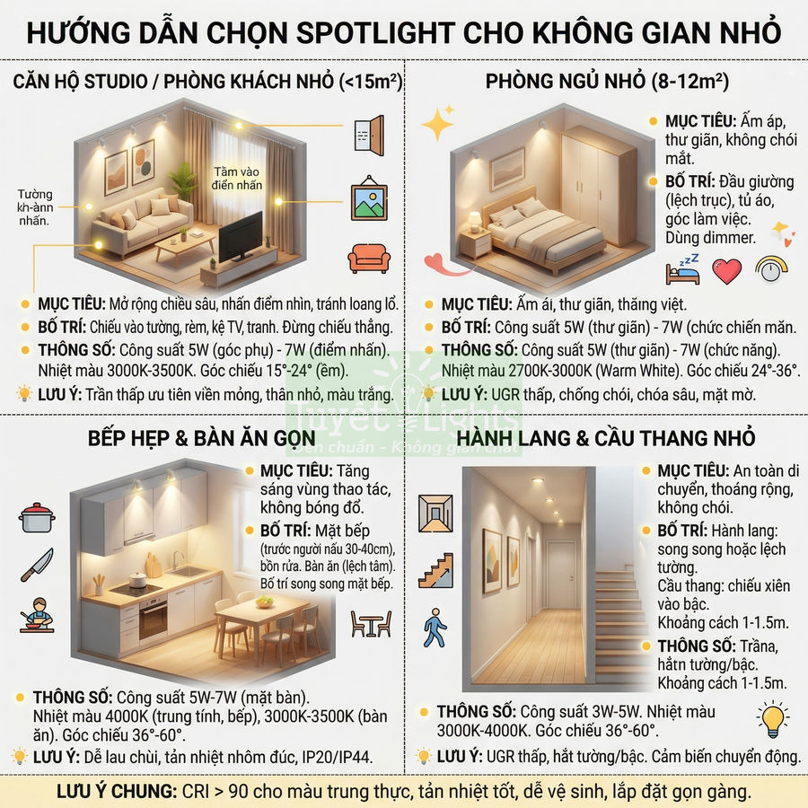 Hướng dẫn chọn đèn spotlight cho căn hộ nhỏ, phòng ngủ, bếp, hành lang và cầu thang tiết kiệm diện tích