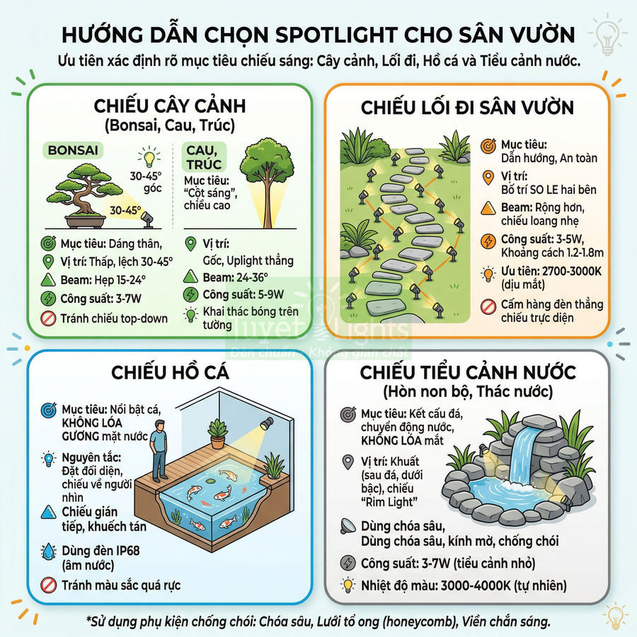 Hướng dẫn chọn đèn spotlight sân vườn cho cây cảnh, lối đi, hồ cá và tiểu cảnh nước