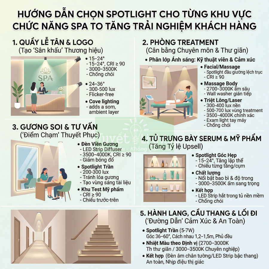 Hướng dẫn chọn đèn spotlight cho từng khu vực spa để tăng trải nghiệm khách hàng
