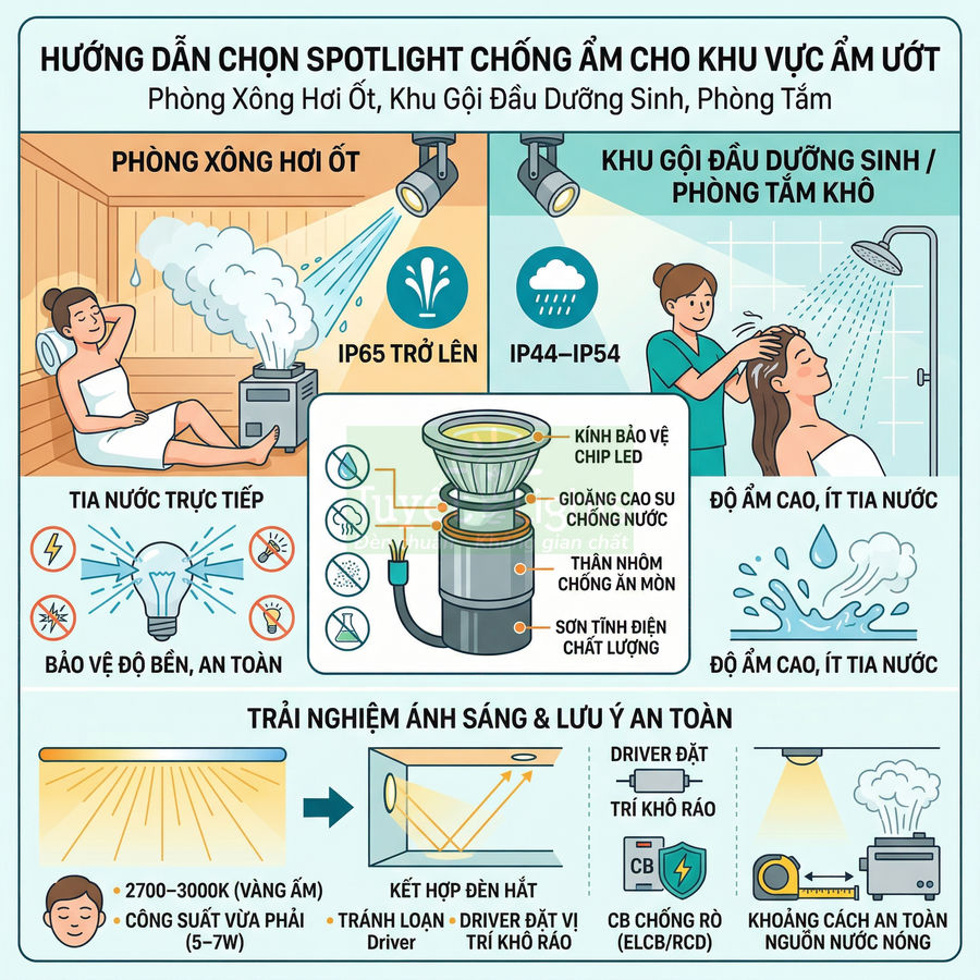 Hướng dẫn chọn đèn spotlight chống ẩm cho phòng xông hơi ướt, khu gội đầu dưỡng sinh và phòng tắm