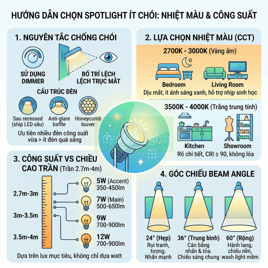 Hướng dẫn chọn đèn spotlight ít chói với nhiệt màu, công suất và góc chiếu cho từng không gian phòng