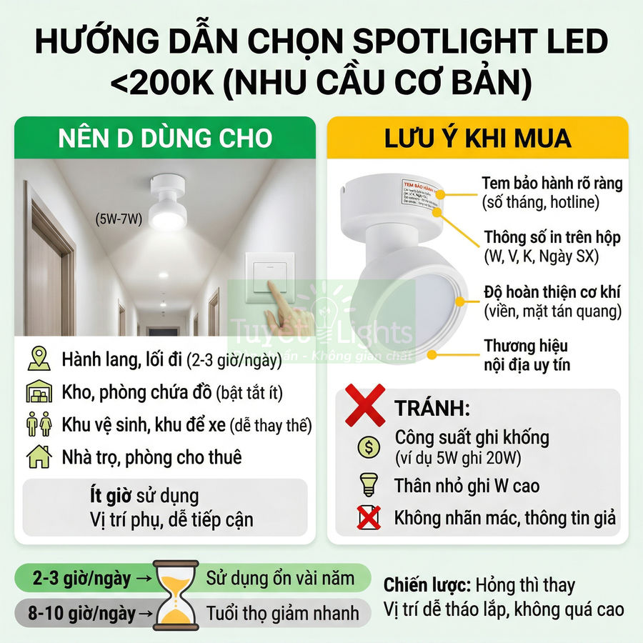 Hướng dẫn chọn đèn spotlight LED công suất nhỏ cho hành lang, kho, nhà trọ và lưu ý khi mua