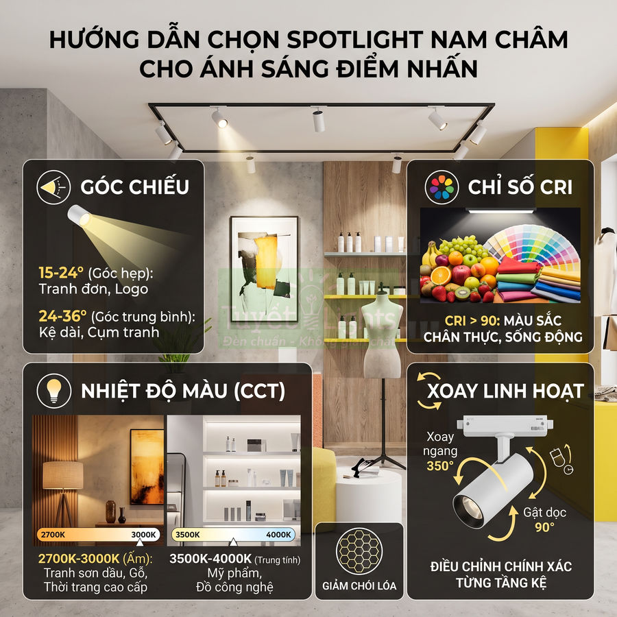 Spotlight nam châm chiếu điểm cho cửa hàng trưng bày, điều chỉnh góc chiếu, nhiệt độ màu và chỉ số CRI cao