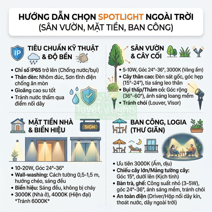 Hướng dẫn chọn đèn spotlight ngoài trời cho sân vườn, mặt tiền nhà, ban công và logia