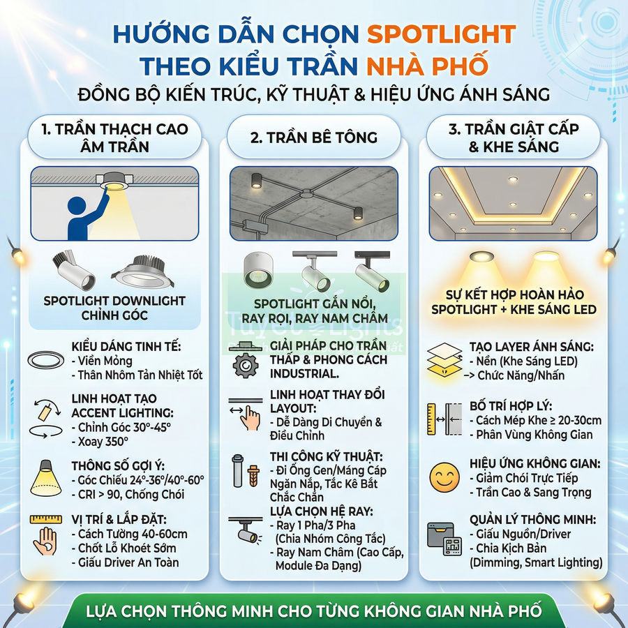 Hướng dẫn chọn đèn spotlight cho trần thạch cao, trần bê tông và trần giật cấp nhà phố