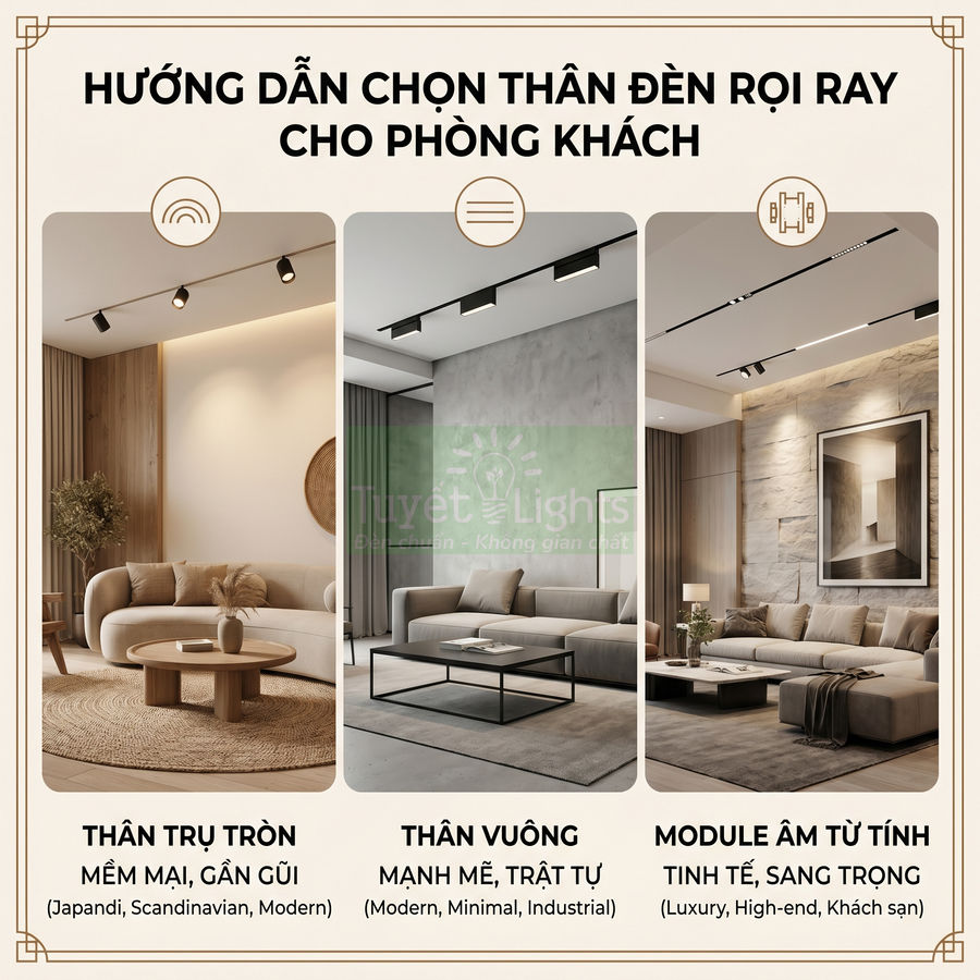 Hướng dẫn chọn thân đèn rọi ray cho phòng khách với ba kiểu đèn tròn, vuông và module âm trần