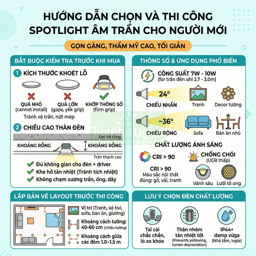 Hướng dẫn chọn và thi công đèn spotlight âm trần cho người mới với thông số, layout và lưu ý chất lượng