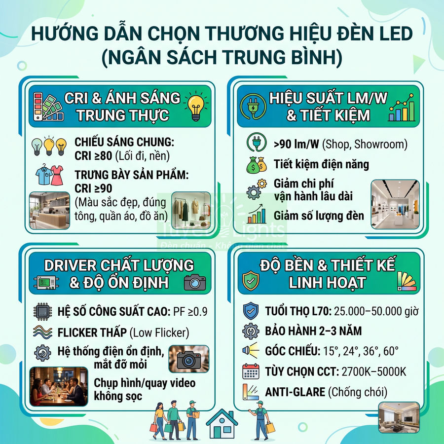 Hướng dẫn chọn thương hiệu đèn LED ngân sách trung bình với tiêu chí CRI, hiệu suất, độ bền và driver ổn định