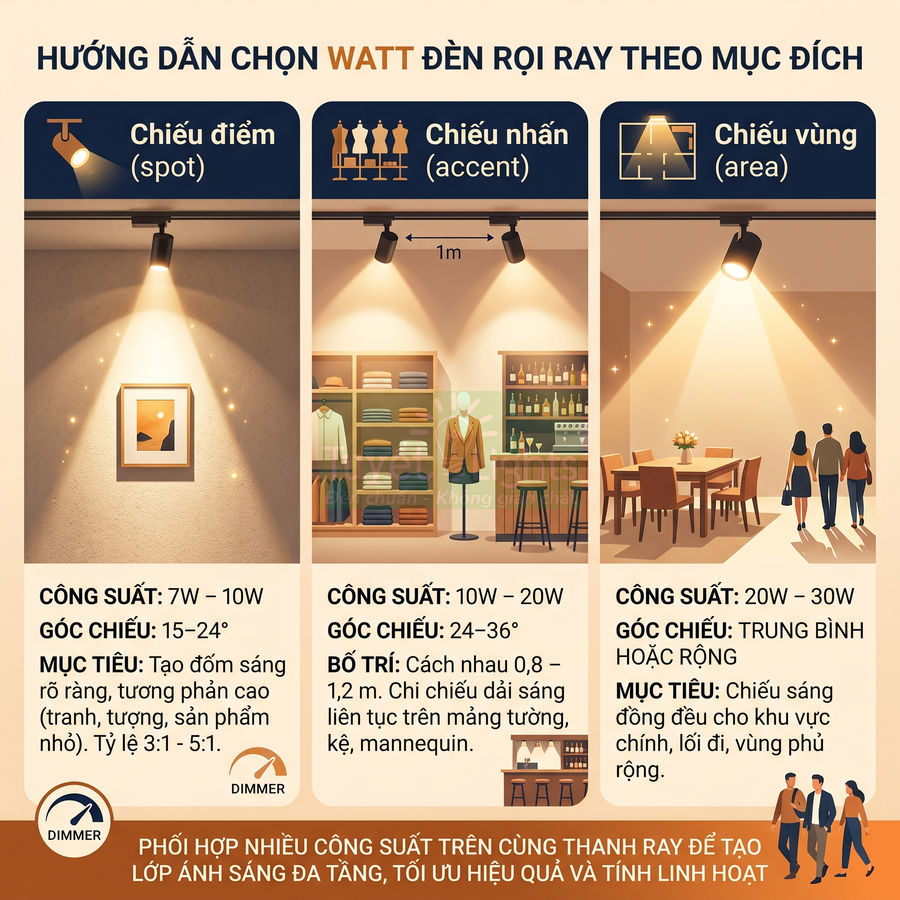 Hướng dẫn chọn công suất đèn rọi ray cho chiếu điểm, chiếu nhấn và chiếu vùng trong nhà