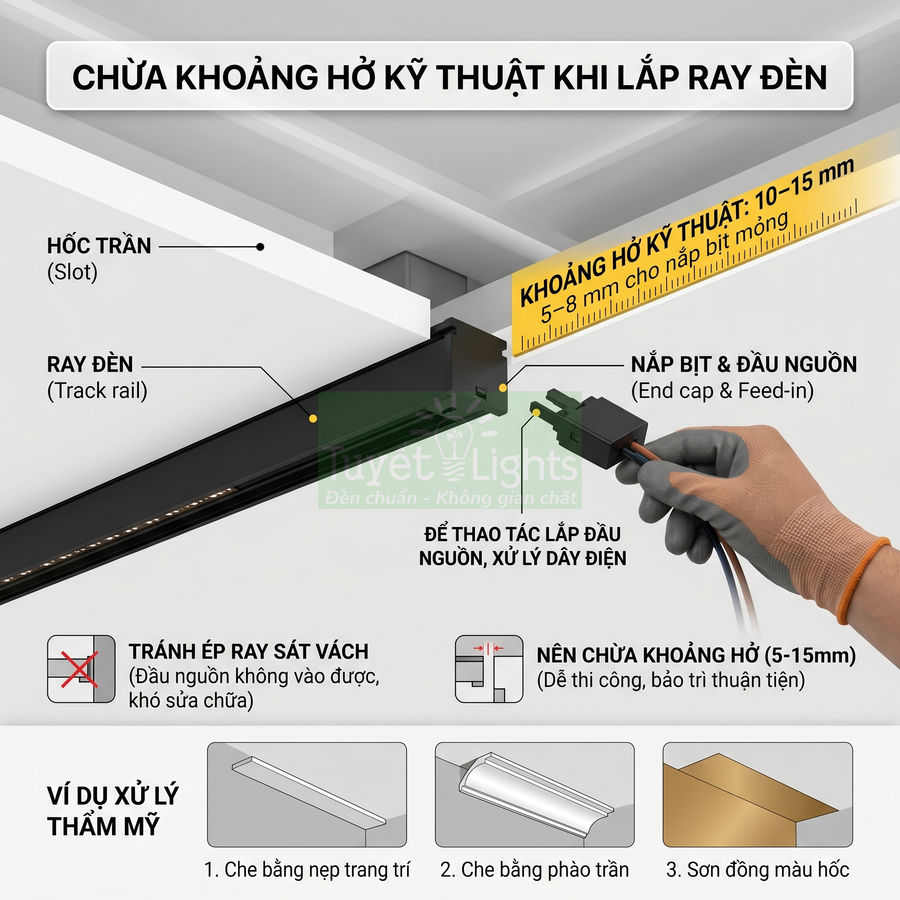 Hướng dẫn chừa khoảng hở kỹ thuật khi lắp ray đèn âm trần và xử lý thẩm mỹ khe hở trần nhà