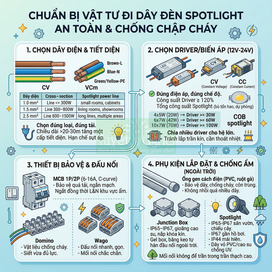 Hướng dẫn chọn dây điện, driver, thiết bị bảo vệ và phụ kiện lắp đặt cho hệ thống đèn spotlight an toàn chống chập cháy