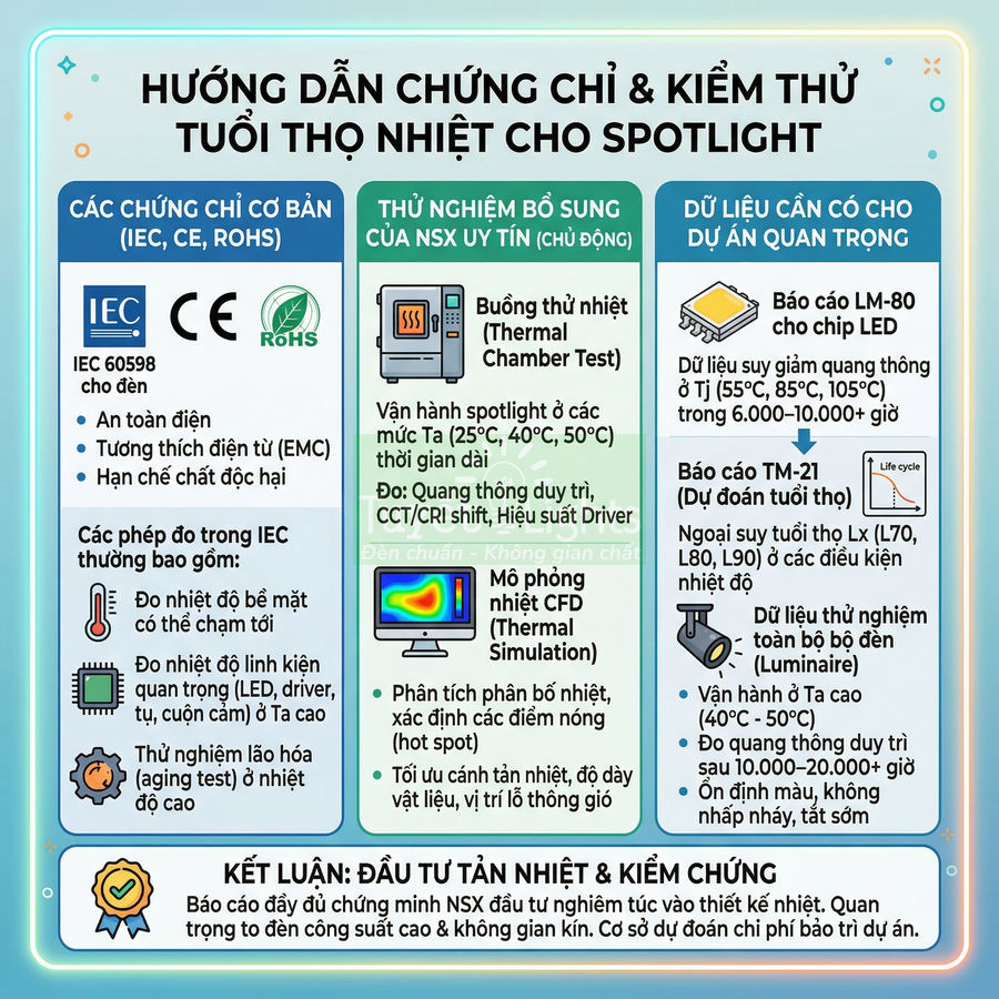 Hướng dẫn chứng chỉ và kiểm thử tuổi thọ nhiệt cho đèn spotlight LED, nhấn mạnh tiêu chuẩn IEC, CE, RoHS và báo cáo LM-80, TM-21