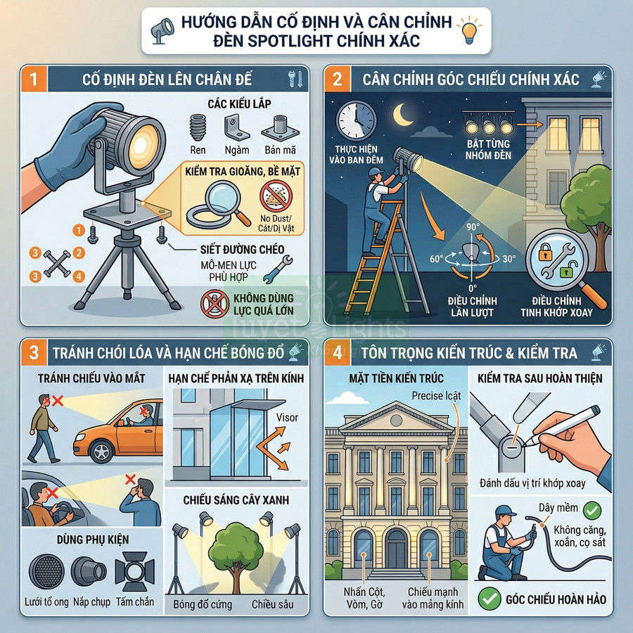 Hướng dẫn lắp đặt và căn chỉnh đèn spotlight ngoài trời, tránh chói lóa và bảo vệ kiến trúc tòa nhà