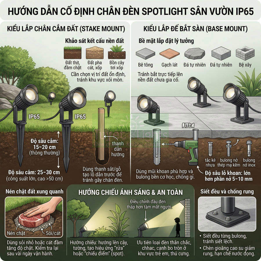 Hướng dẫn lắp đặt và cố định chân đèn spotlight sân vườn IP65 với hai kiểu cắm đất và bắt sàn