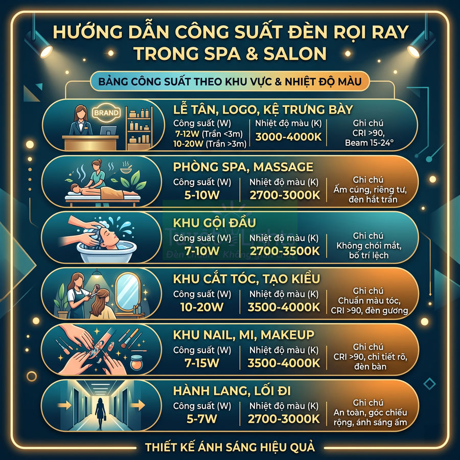 Hướng dẫn chọn công suất đèn rọi ray cho từng khu vực trong spa và salon, tối ưu ánh sáng và nhiệt độ màu
