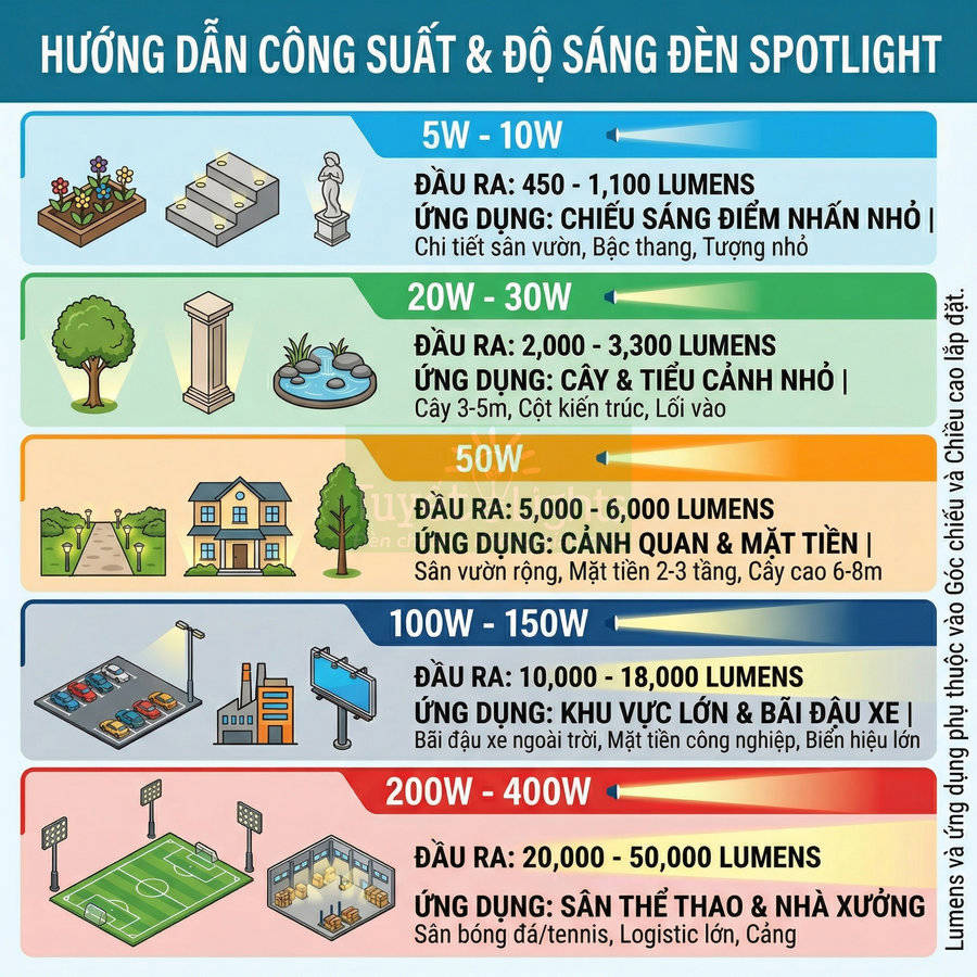 Bảng hướng dẫn chọn công suất và độ sáng đèn spotlight từ 5W đến 400W cho sân vườn, mặt tiền, bãi xe, sân thể thao