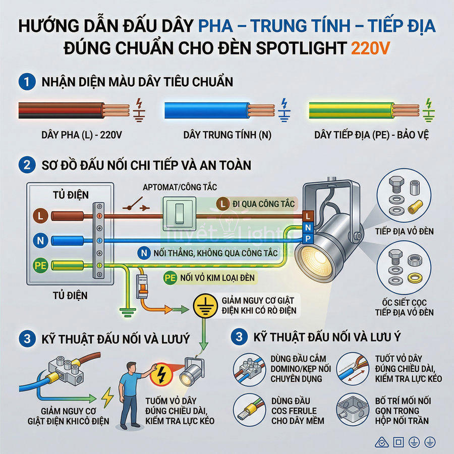 Hướng dẫn đấu dây pha trung tính tiếp địa an toàn cho đèn spotlight 220V kèm sơ đồ và lưu ý kỹ thuật
