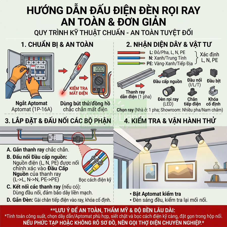 Cách đấu điện đèn rọi ray an toàn và đơn giản