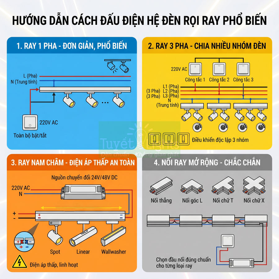 Hướng dẫn cách đấu điện hệ đèn rọi ray 1 pha, 3 pha, ray nam châm và nối ray mở rộng
