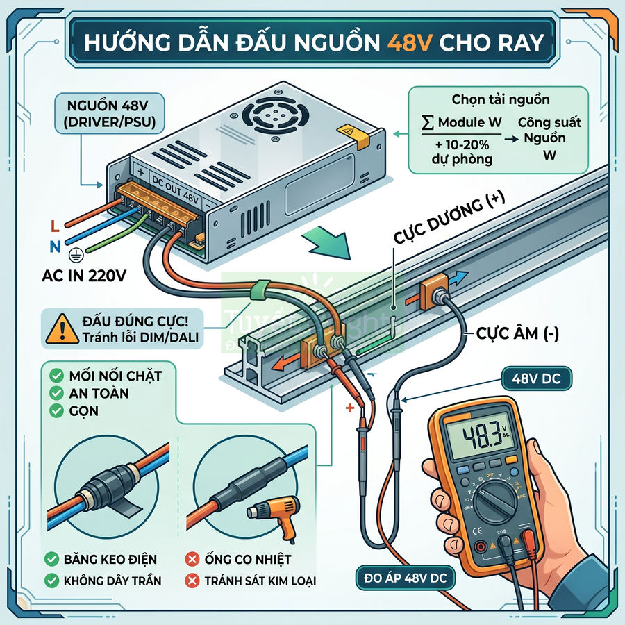 Hướng dẫn đấu nối nguồn điện 48V cho ray đèn với bộ nguồn, dây dẫn và đồng hồ đo điện tử
