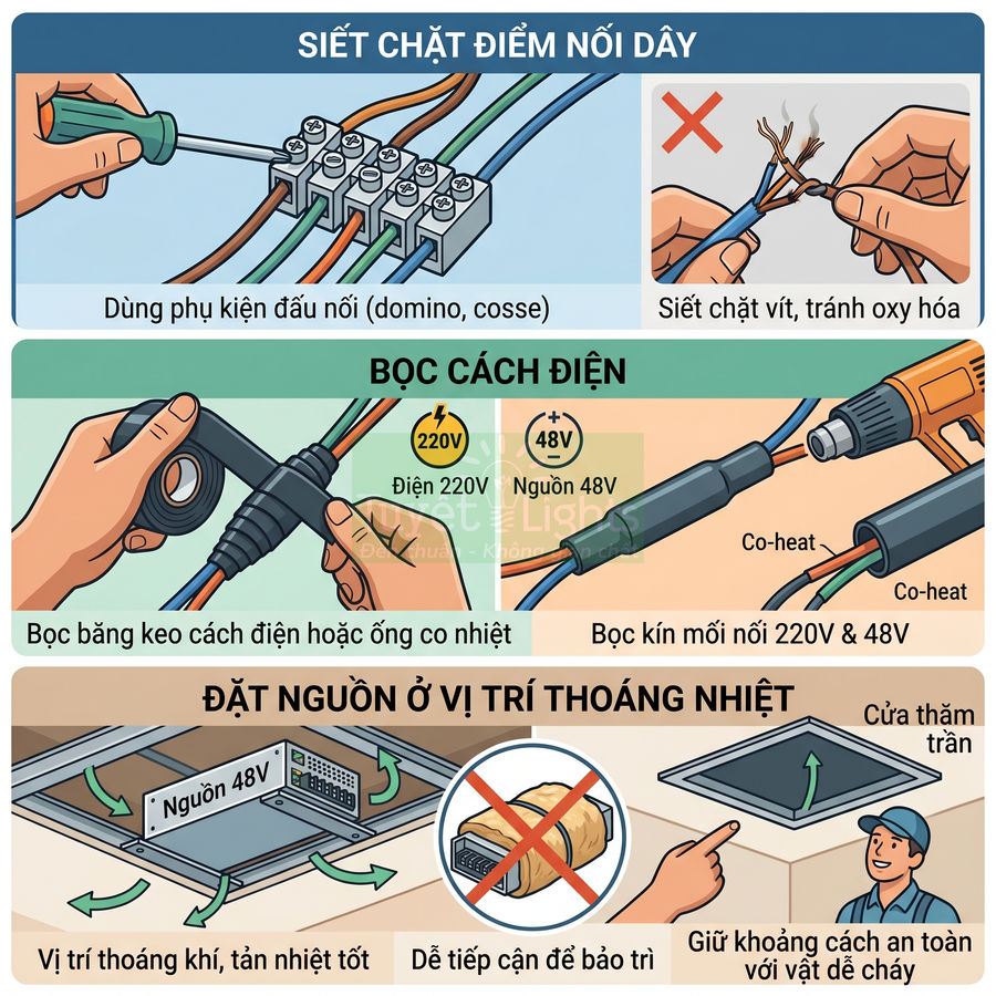 Hướng dẫn đấu nối dây điện, bọc cách điện và đặt nguồn 48V đúng cách để an toàn và tản nhiệt tốt