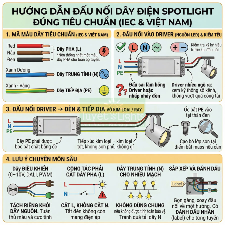 Hướng dẫn đấu nối dây điện spotlight đúng tiêu chuẩn IEC và Việt Nam với sơ đồ màu dây và driver