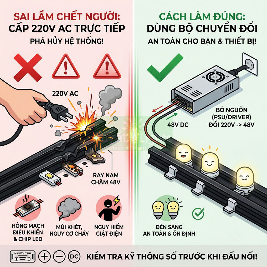 Hướng dẫn đấu nối ray nam châm 48V cho đèn LED bằng bộ nguồn chuyển đổi 220V sang 48V an toàn