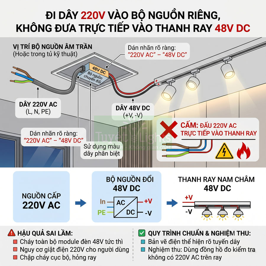 Sơ đồ đấu nối nguồn 220V AC qua bộ nguồn đổi 48V DC cho hệ thống đèn ray nam châm trần nhà