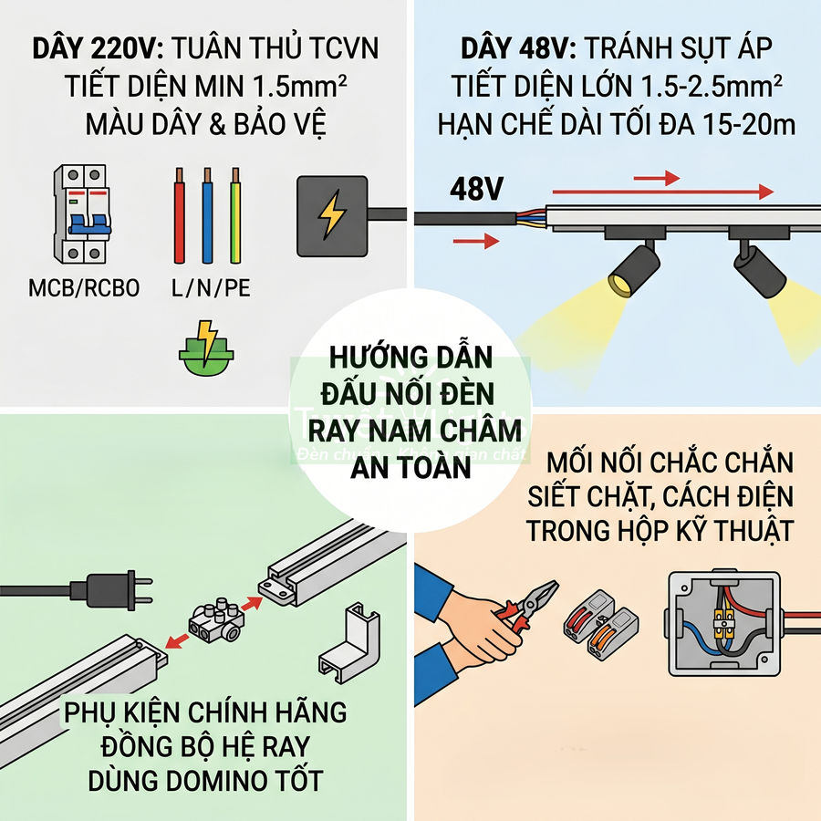 Hướng dẫn đấu nối đèn ray nam châm an toàn với dây 220V, dây 48V và phụ kiện ray đồng bộ