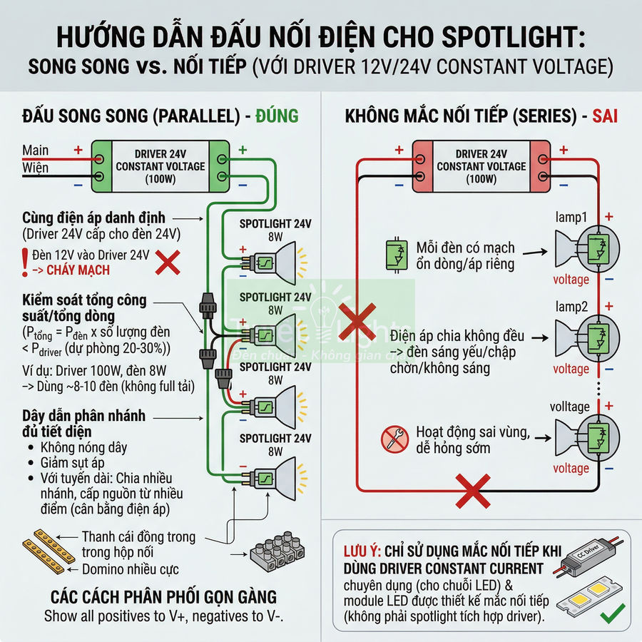 Hướng dẫn đấu nối điện cho đèn spotlight 24V với driver constant voltage, so sánh đấu song song và nối tiếp