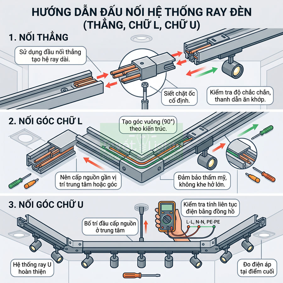 Hướng dẫn đấu nối hệ thống ray đèn chiếu sáng dạng thẳng, góc chữ L và góc chữ U trên trần nhà