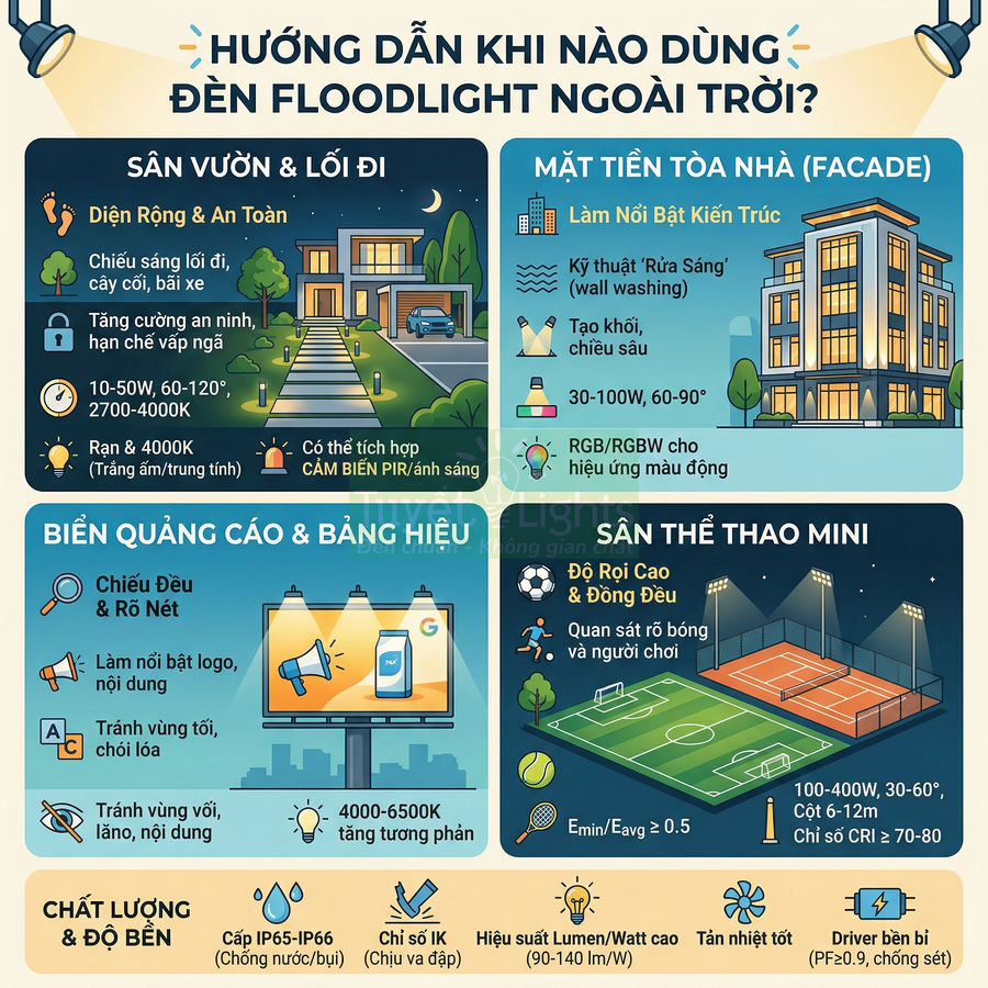 Hướng dẫn sử dụng đèn floodlight ngoài trời cho sân vườn, mặt tiền nhà, biển quảng cáo và sân thể thao mini
