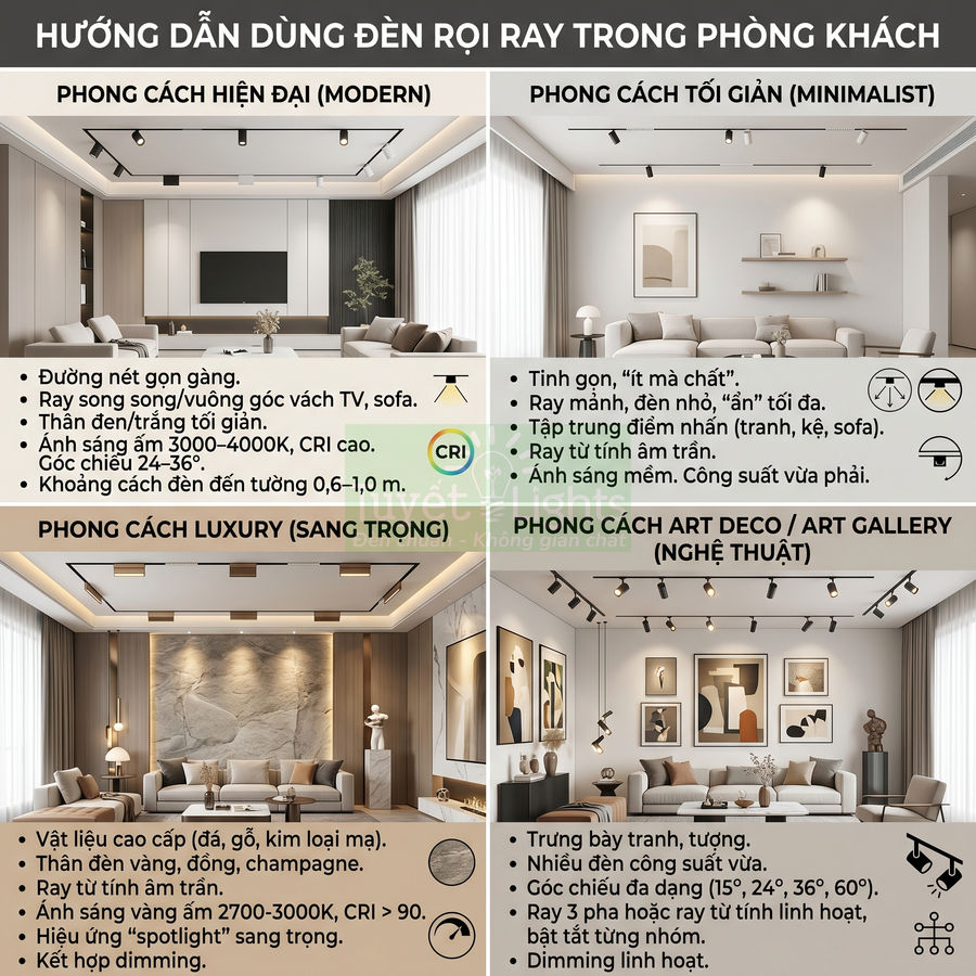 Hướng dẫn bố trí đèn rọi ray cho phòng khách với bốn phong cách hiện đại, tối giản, luxury và art deco