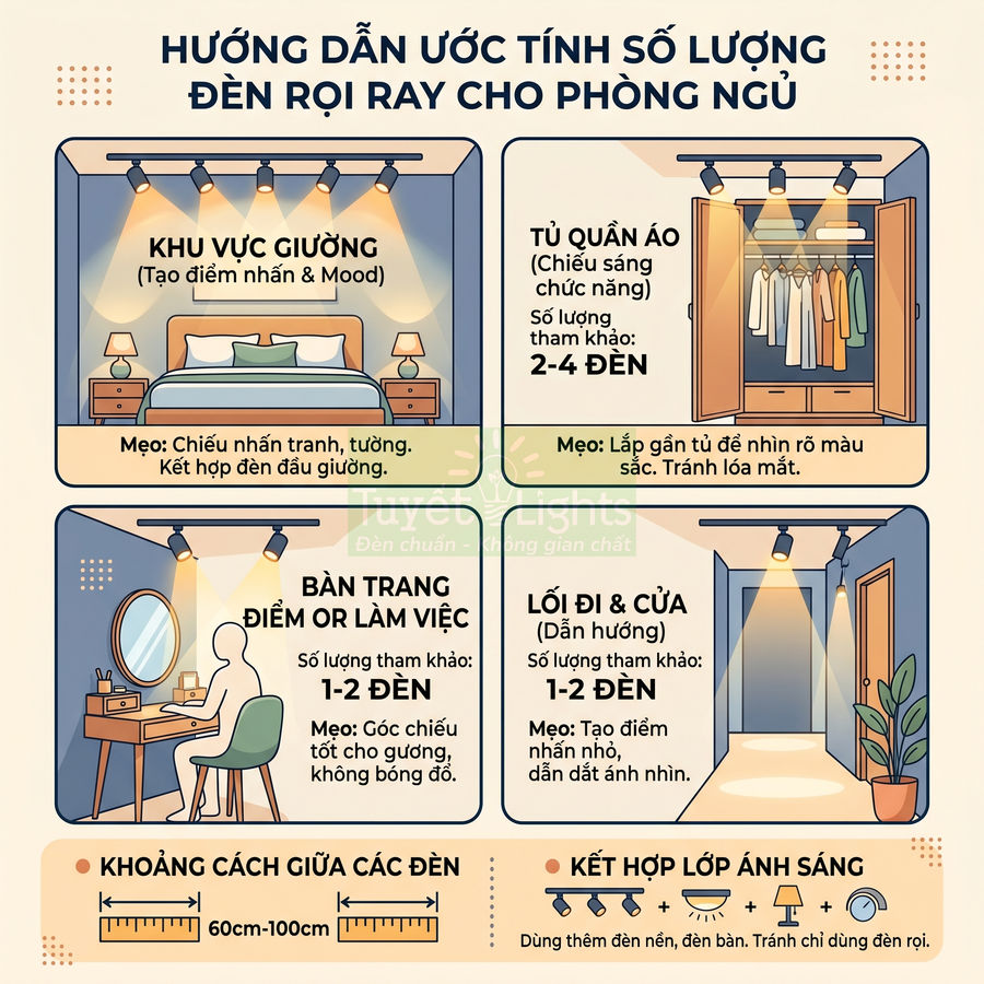 Infographic hướng dẫn bố trí số lượng đèn rọi ray cho phòng ngủ theo từng khu vực sử dụng