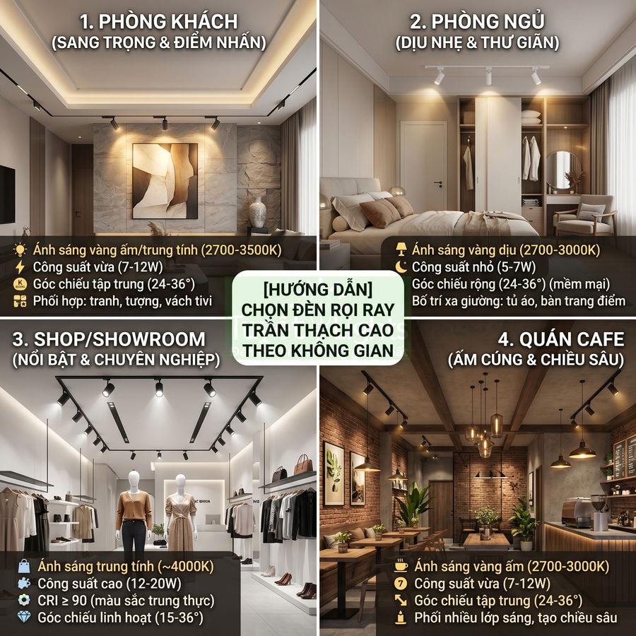 Hướng dẫn chọn đèn rọi ray trần thạch cao cho phòng khách, phòng ngủ, shop thời trang và quán cafe