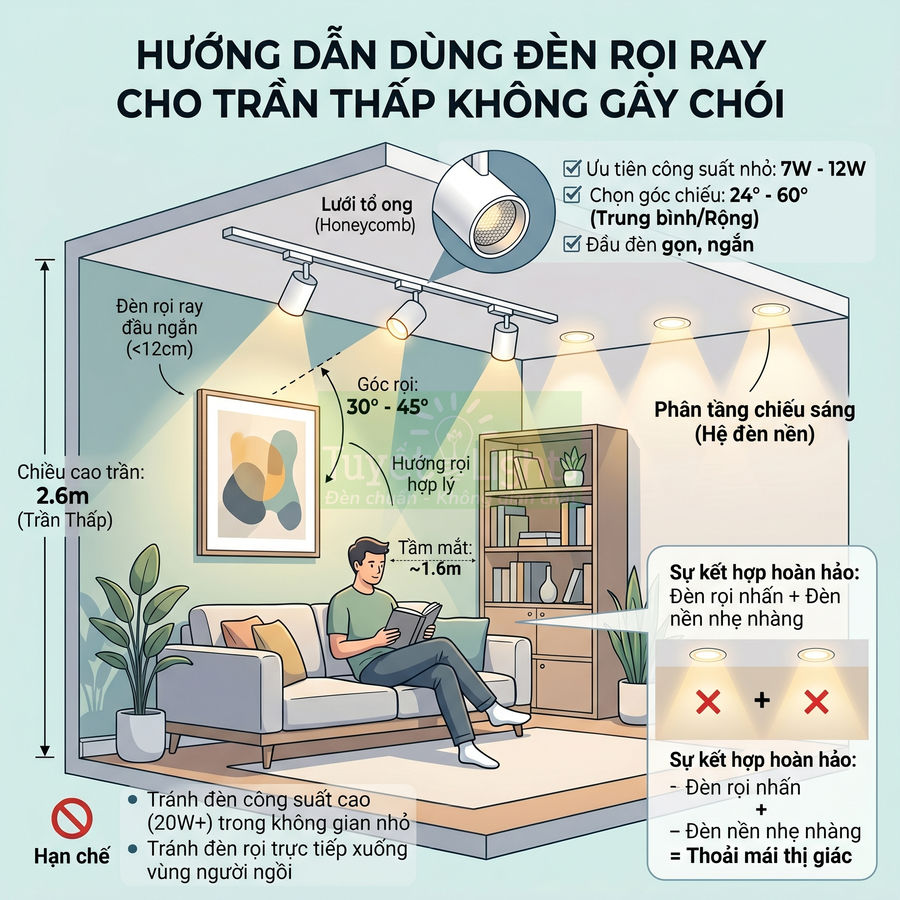 Đèn rọi ray trần thấp chiếu sáng phòng khách với ghế sofa, kệ sách và người đàn ông đọc sách