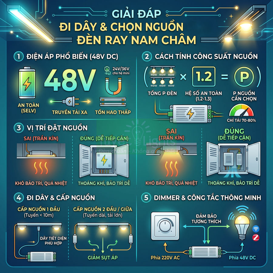 Hướng dẫn đi dây và chọn nguồn cho hệ thống đèn ray nam châm 48V DC với minh họa trực quan