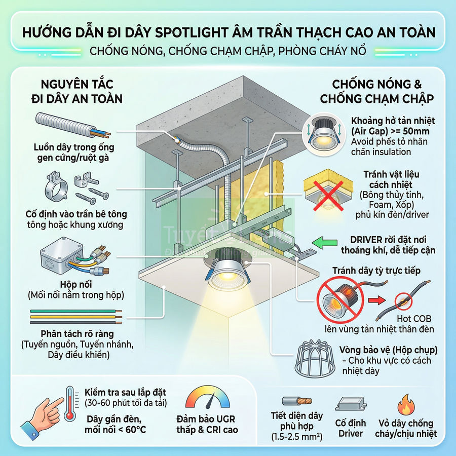 Hướng dẫn lắp đặt và đi dây đèn spotlight âm trần thạch cao an toàn chống nóng chống chạm chập