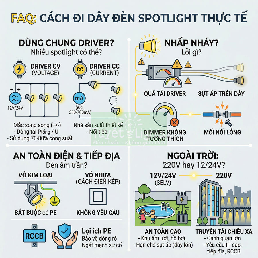Hướng dẫn đi dây đèn spotlight thực tế, cách dùng driver, chống nhấp nháy và đảm bảo an toàn điện, tiếp địa, ngoài trời