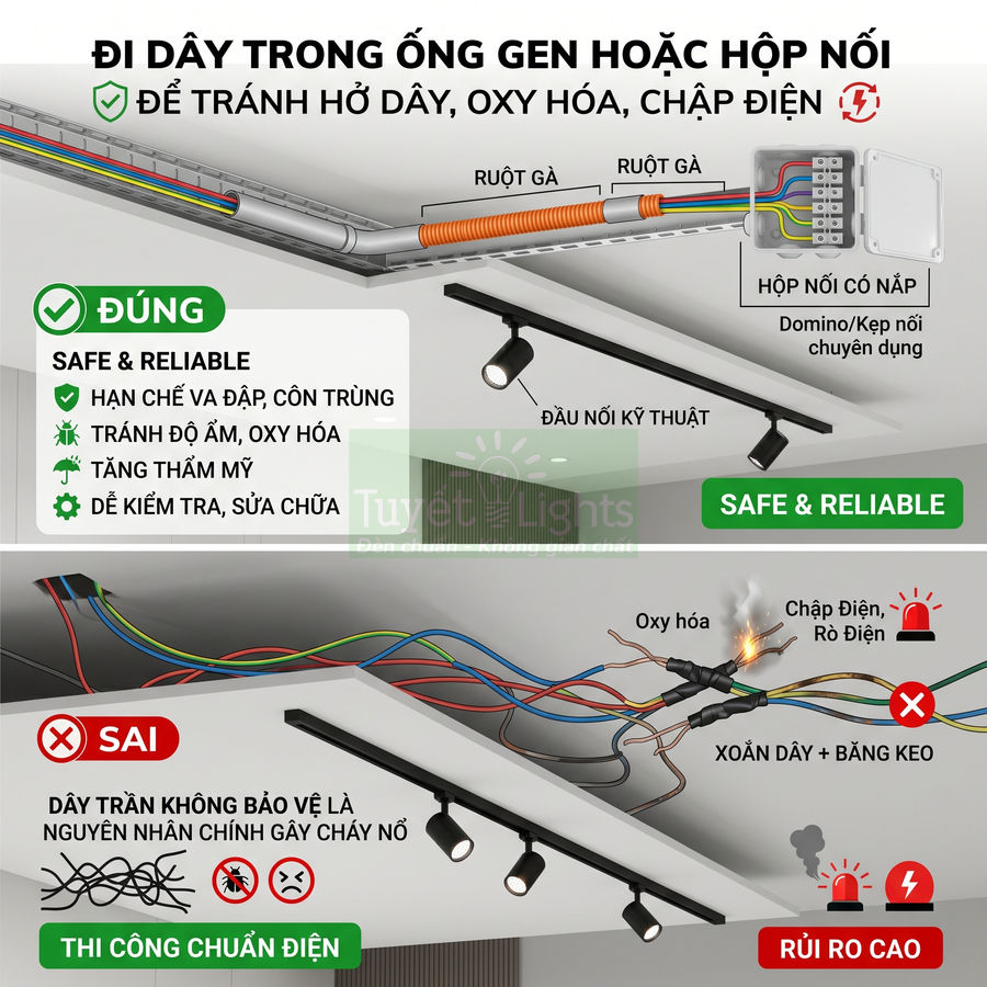 Hướng dẫn đi dây điện trong ống gen và hộp nối an toàn so với đi dây trần dễ chập cháy