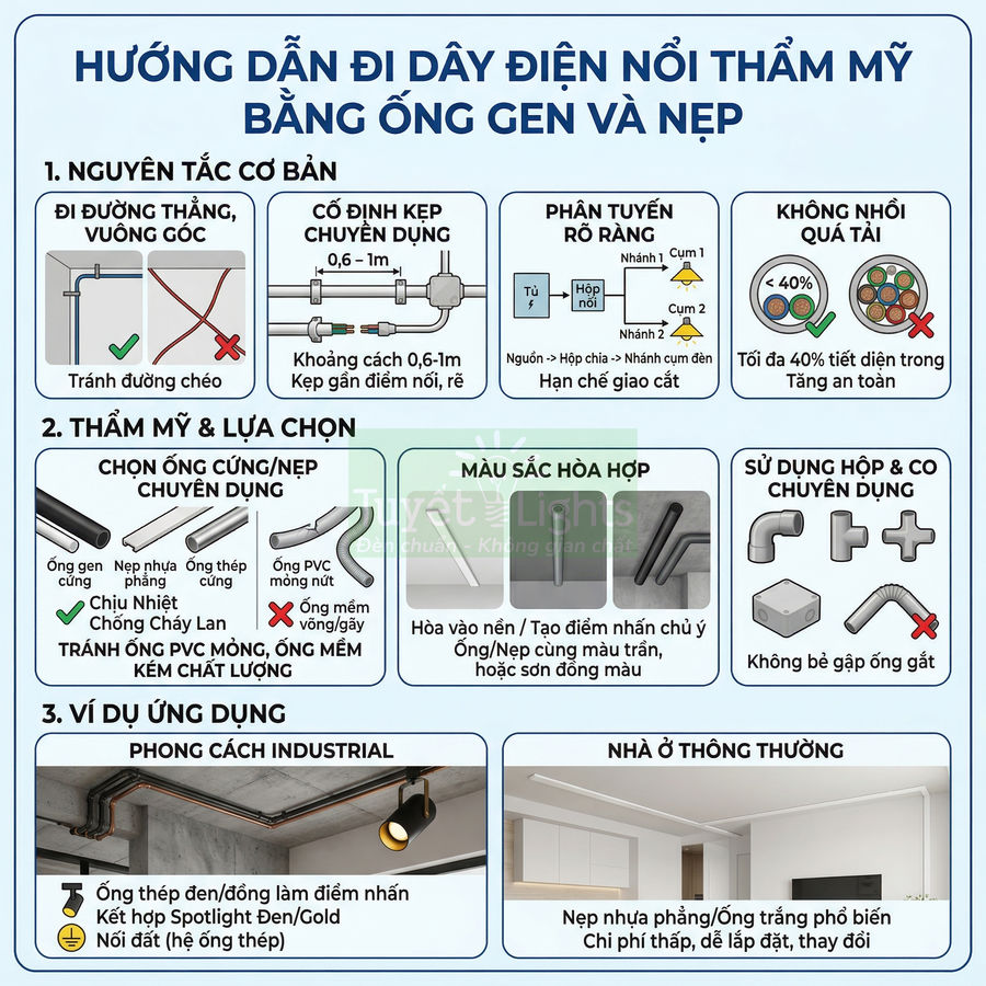 Hướng dẫn đi dây điện nổi thẩm mỹ cho spotlight trần bằng ống gen cứng và thanh nẹp nhựa chuyên dụng