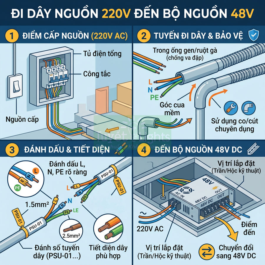 Hướng dẫn đi dây nguồn 220V AC đến bộ nguồn 48V DC với sơ đồ đấu nối và ký hiệu dây điện chi tiết