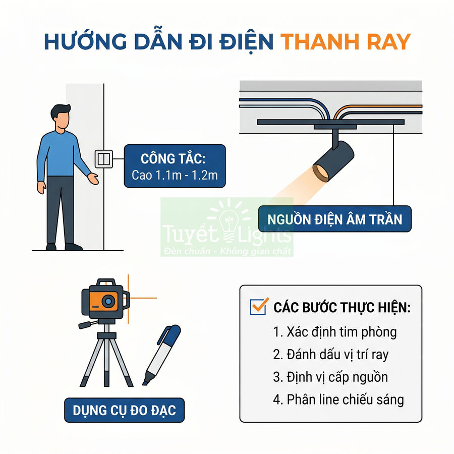 Hướng dẫn đi điện thanh ray đèn chiếu sáng âm trần Tuyết Lights với công tắc và dụng cụ đo đạc