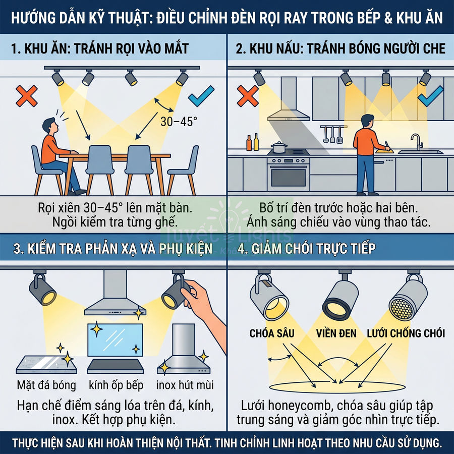 Hướng dẫn điều chỉnh đèn rọi ray trong bếp và khu ăn, tránh chói mắt và bóng che, tối ưu ánh sáng thao tác