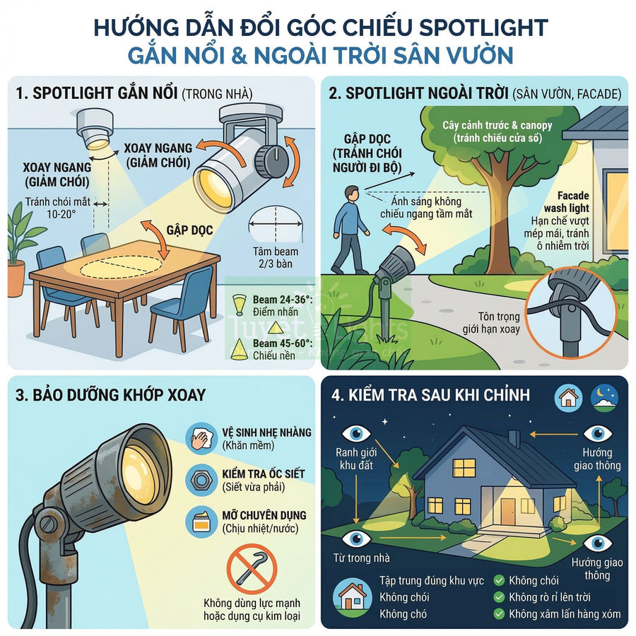 Hướng dẫn điều chỉnh góc chiếu và bảo dưỡng đèn spotlight gắn nổi trong nhà và ngoài trời sân vườn