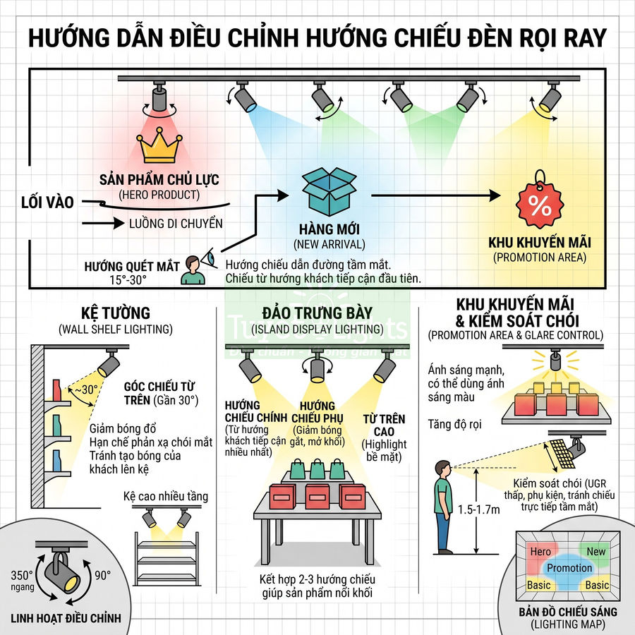 Hướng dẫn điều chỉnh đèn rọi ray chiếu sáng sản phẩm trưng bày, hàng mới và khu khuyến mãi trong cửa hàng
